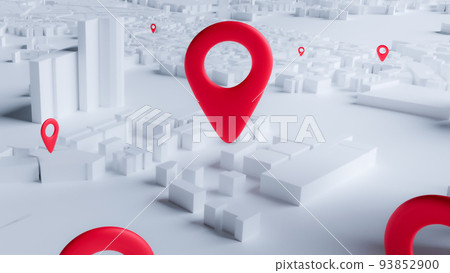 Red pin location on the white layout of a modern city. Locator mark icon sign or navigation symbol with building. 3D rendering. 93852900