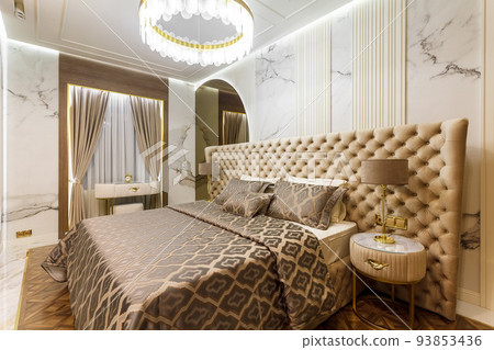 luxury hotel bedroom. Bed with carriage coupler headboard luxury hotel bedroom. Bed with carriage coupler headboard 93853436