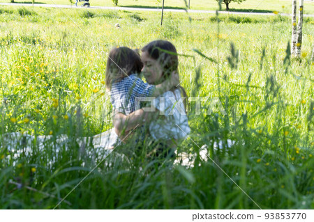 Brother and sister are playing in the park among the green grass. Children hug tightly. Picnic outside the city. Childhood. Relationships. Brother and sister are playing in the park among the green grass. Children hug tightly. Picnic outside the city. Childhood. Relationships. 93853770