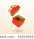 Christmas empty open red gift box with golden ribbon bow. 3D Xmas realistic vector object. 93854064