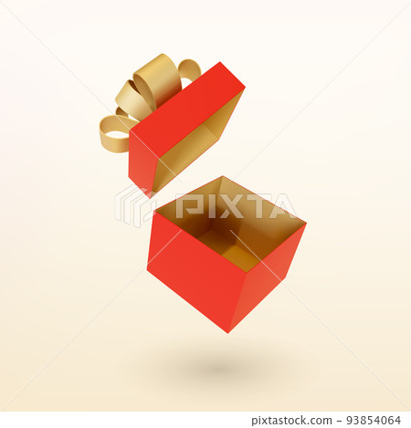 Christmas empty open red gift box with golden ribbon bow. 3D Xmas realistic vector object. Christmas empty open red gift box with golden ribbon bow. 3D Xmas realistic vector object. 93854064