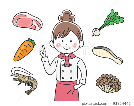 一位女廚師解釋配料的插圖 一位女廚師解釋配料的插圖 93854445