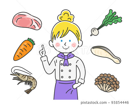 一位高加索女廚師解釋配料的插圖 一位高加索女廚師解釋配料的插圖 93854446