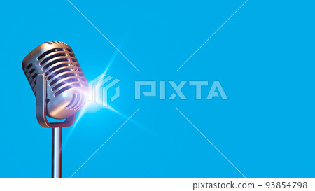 retro condenser microphone with  flare light, isolated on blue. music background 93854798