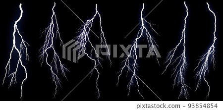 Set of different lightning bolts isolated on black background Set of different lightning bolts isolated on black background 93854854