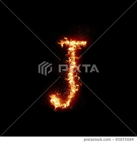 Letter J burning in fire, digital art isolated on black background, a letter from alphabet set 93855084