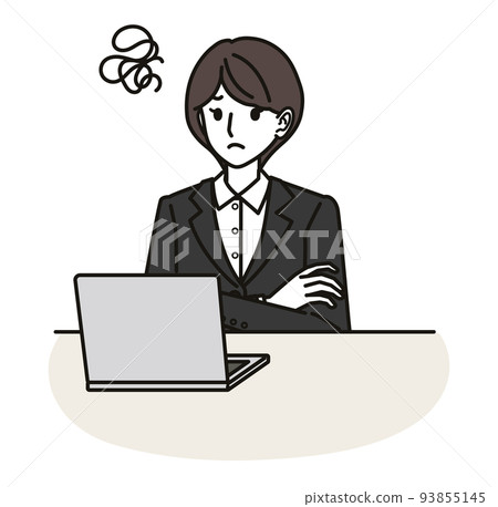 一個穿著西裝的女人看著電腦屏幕很沮喪 93855145