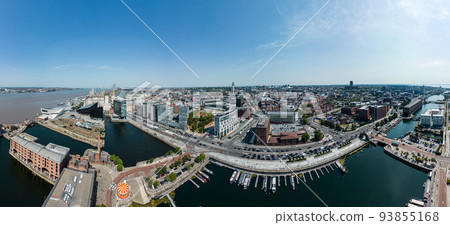 Panoramic aerial view over Liverpool and the piers Panoramic aerial view over Liverpool and the piers 93855168