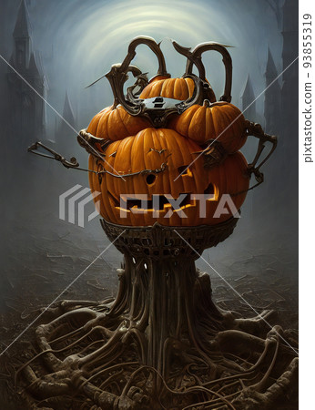 Spooky pumpkin head stump monster. Halloween AI generated illustration 93855319