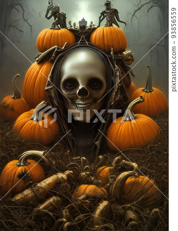 Spooky skull monster among heap of pumpkins. Halloween AI generated illustration 93856559
