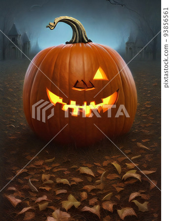 Scary greveyard monster made of carved pumpkins. Halloween AI generated illustration 93856561