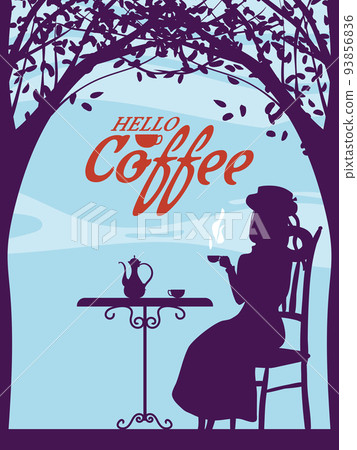 Poster Street Cafe autumn, girl on the chair, fall mood. Cup, chair, table, kettle retro style vector illustration Poster Street Cafe autumn, girl on the chair, fall mood. Cup, chair, table, kettle retro style vector illustration 93856836