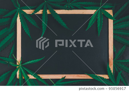 Empty black blackbroad with Cannabis leaves on black background, 93856917