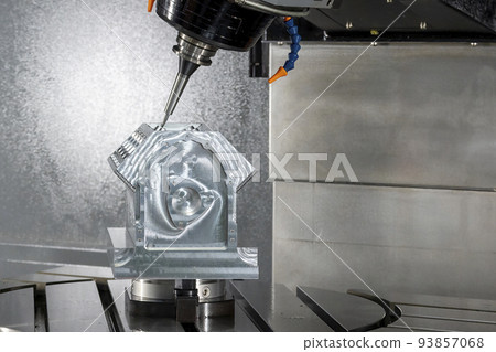 The 5-axis machining center cutting the V8 cylinder block with solid ball end mill tool. The 5-axis machining center cutting the V8 cylinder block with solid ball end mill tool. 93857068