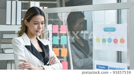happy beautiful busimess Asian woman posing in front of paper note stick on glass board with success moment at office happy beautiful busimess Asian woman posing in front of paper note stick on glass board with success moment at office 93857539
