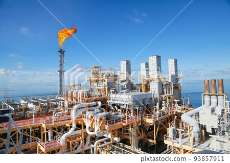 Offshore construction platform for production oil and gas. Oil and gas industry and hard work. Production platform and operation process by manual and auto function from control room. 93857911