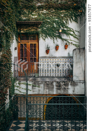 Wooden balcony door with vine covered wall Wooden balcony door with vine covered wall 93857977