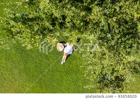 Woman in a white dress, hat with laptop, lying on the green grass under tree. Top view, drone, aerial view 93858020