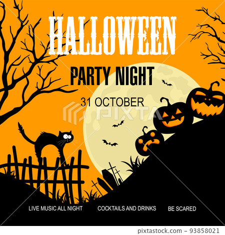 Halloween party night promo banner, poster or invitation flyer for Halloween holiday celebration on October 31. Halloween leaflet design template with faced pumpkins, flying bats and funny scared cat. 93858021