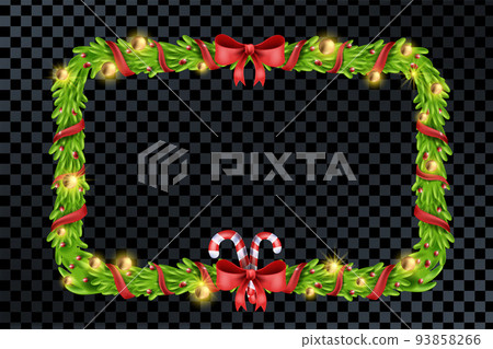 Christmas square fir wreath, red ribbon, X-mas decoration garland, vector New Year game frame. Christmas square fir wreath, red ribbon, X-mas decoration garland, vector New Year game frame. 93858266