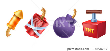 3D bomb game icon set, vector cartoon dynamite ball with fuse, explosive tnt box, yellow firecracker 93858267