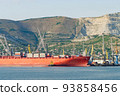 Cranes unloading container ship at commercial dock. Novorossiysk, Russia. 93858456