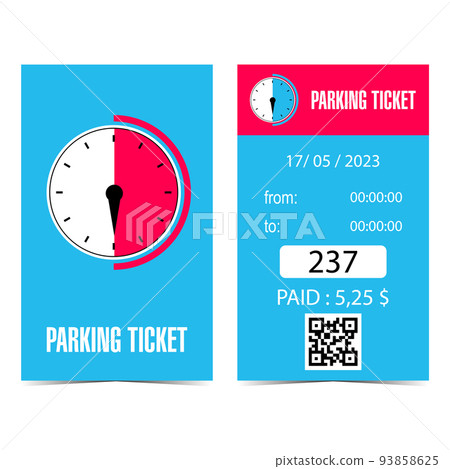Parking ticket, parking quittance or parking receipt with countdown timer or chronometer icon, QR code, date, time, number, price and amount to pay. Vector illustration in flat style. 93858625