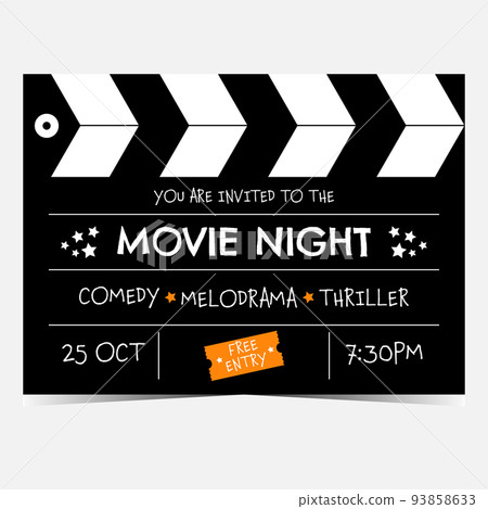 Movie night invitation banner in the form of clapperboard. Vector illustration of poster for movie night party, cinema festival, cinematographic event suitable for promo, advertisement, social posts. Movie night invitation banner in the form of clapperboard. Vector illustration of poster for movie night party, cinema festival, cinematographic event suitable for promo, advertisement, social posts. 93858633