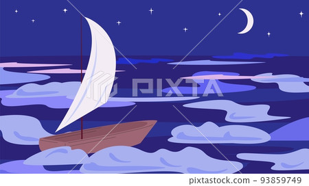 Sailboat sails in ocean at night by moon and starry sky. Acid trendy illustration with single boat. Vector metaphor of loneliness and search for place in world 93859749