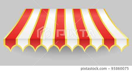 Awning element. Sunshade prevent sunlight and rain. Shop decorating. Outdoor vintage striped canopy. Marketplace tent roof, template for design 93860075