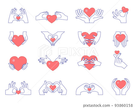Hands with hearts. Conceptual symbols of donation happiness friendship and love pictures recent vector set 93860158