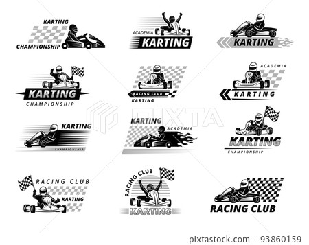 Race karting. Fast extreme sport cars emblems and badges collection isolated on white recent vector template logos 93860159