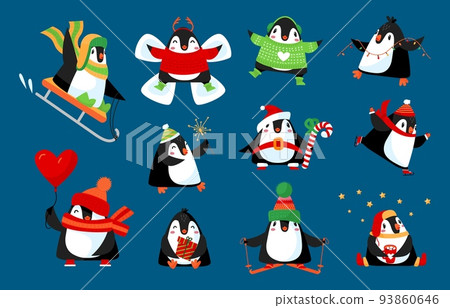 Winter penguins cartoon characters. Penguin family xmas holiday, cute classy flat vector christmas animals with gift, heart balloon and sweets Winter penguins cartoon characters. Penguin family xmas holiday, cute classy flat vector christmas animals with gift, heart balloon and sweets 93860646