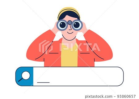 Browser search bar concept. Guy looking in binocular, searching answers in internet. Business metaphor, web window with young adult recent vector character Browser search bar concept. Guy looking in binocular, searching answers in internet. Business metaphor, web window with young adult recent vector character 93860657