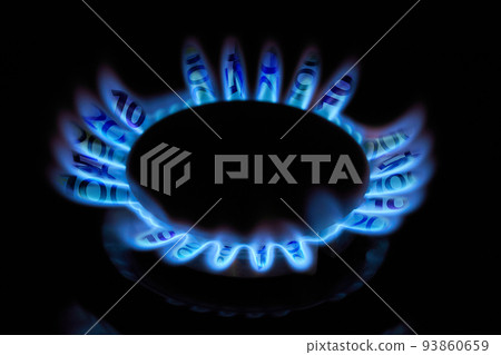 Burning gas burner on a household stove with flames in the form of euro banknotes 93860659