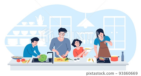 Family cooking breakfast or dinner on home kitchen together. Guy preparation lunch, father cook with children. Cartoon mom in apron, recent vector scene 93860669