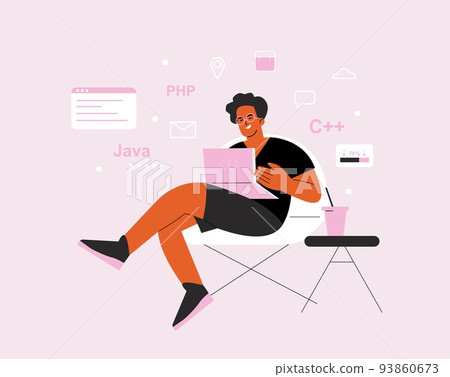 Programming vector concept with geek boy working laptop. Student study web language, java script or php. Man IT developer or programmer, freelancer character 93860673
