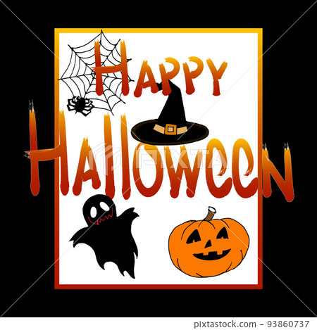 Happy Halloween text, spiders, ghosts, pumpkins and cobwebs on the night sky. Halloween illustration, vector Happy Halloween text, spiders, ghosts, pumpkins and cobwebs on the night sky. Halloween illustration, vector 93860737