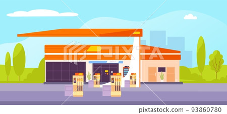 Petrol station building. City fuel stations on road background, cartoon automotive gas car refilling service automated gasoline pump, diesel oil shop fill store vector illustration 93860780