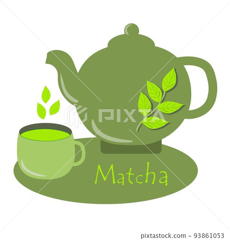 Match. A teapot and a cup of matcha green tea. Tea time. Cooking ingredients, baking and tea. Vector illustration 93861053