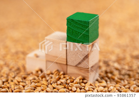 A pyramid of toy cubes in a pile of whole grain wheat seeds. Agriculture and green economy investment growth concept. Food global crisis idea A pyramid of toy cubes in a pile of whole grain wheat seeds. Agriculture and green economy investment growth concept. Food global crisis idea 93861357