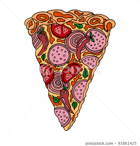 Hand-drawn pizza slice with mushrooms, onions, sausage, cheese, peppers and herbs. Italian food illustration, vector 93861425