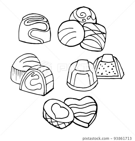 Set of hand drawn chocolate candies, sketch, outline drawing. Food illustration, vector 93861713