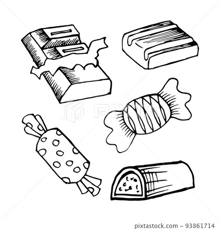Set of hand drawn chocolate candies, sketch, outline drawing. Food illustration, vector 93861714