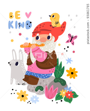 Cute garden gnomes poster. Cartoon gnomic character playing flute. Funny animals and flowers. Fairy tale senior bearded man in red cap. Fabulous dwarf. Kids card. Vector illustration 93861785
