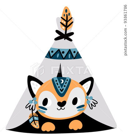 Cute fox in native american tent. Animal in tepee print Cute fox in native american tent. Animal in tepee print 93861786