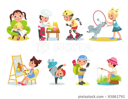 Children hobbies. Cartoon kids characters with different interests. Boys and girls with favorite attributes. Teenagers painting or training dog. Handicraft activities. Splendid vector set 93861791