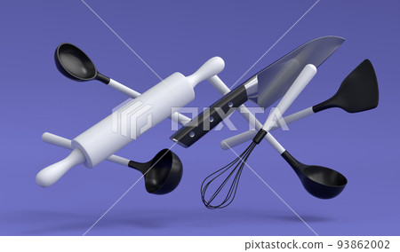 Wooden kitchen utensils, tools and equipment on violet background. Wooden kitchen utensils, tools and equipment on violet background. 93862002