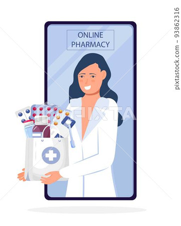Online pharmacy store concept vector. Pharmacist holding medications. Pharma sopping bag with medical pills, drops. 93862316