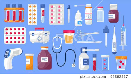 Medication icons set vector. Medicine icon collection. Medical tube, bottle spray, first aid bag are shown. Pharma sopping bag with medical pills, drops. Medication icons set vector. Medicine icon collection. Medical tube, bottle spray, first aid bag are shown. Pharma sopping bag with medical pills, drops. 93862317